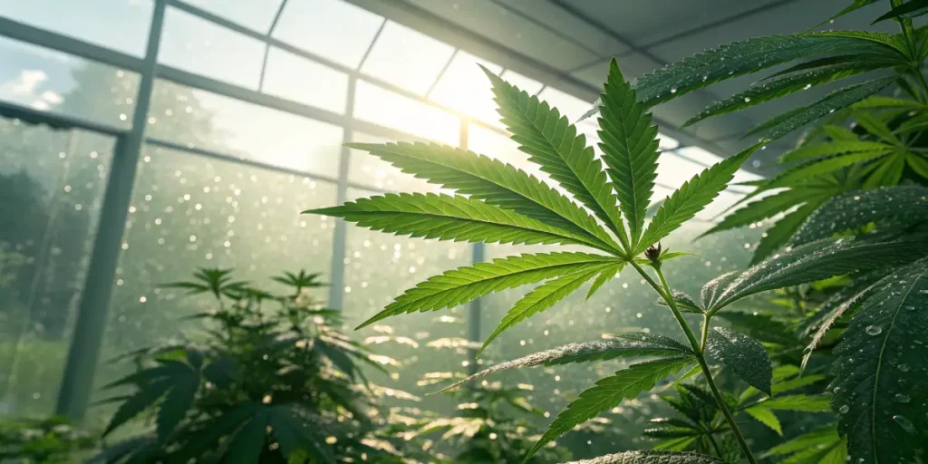 Close-up of a vibrant cannabis leaf with dewdrops under greenhouse light.