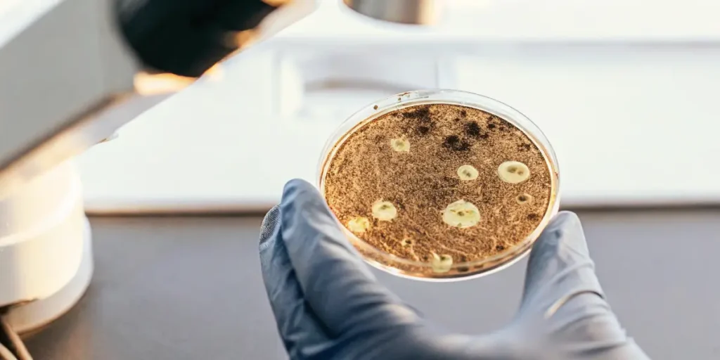 A gloved hand examining a petri dish with microorganisms under a microscope.