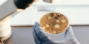 A gloved hand examining a petri dish with microorganisms under a microscope.