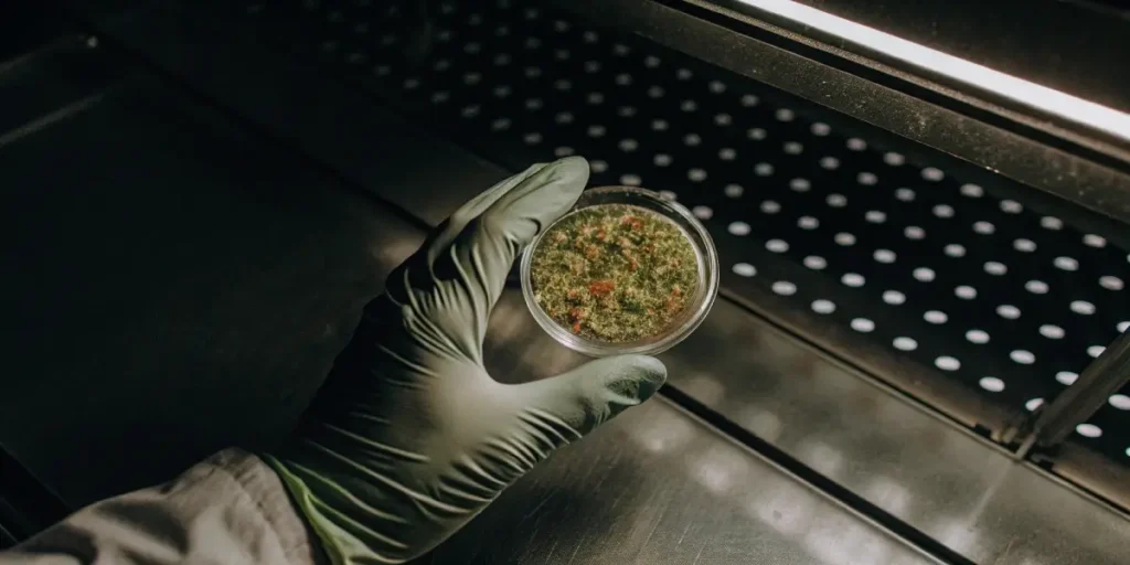 A gloved hand holding a petri dish with cannabis sample in a laboratory.