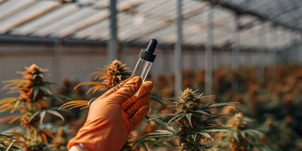 Gloved hand holding a dropper beside cannabis flowers in greenhouse