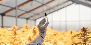 Scientist holding dropper above cannabis crop inside greenhouse with orange light