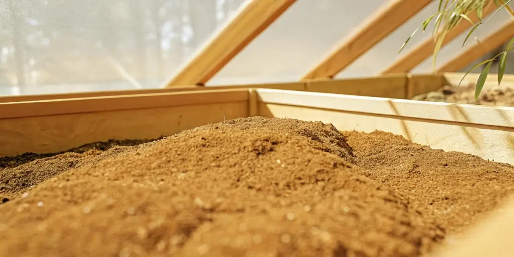 Golden cannabis soil bed in a greenhouse raised bed under natural sunlight.