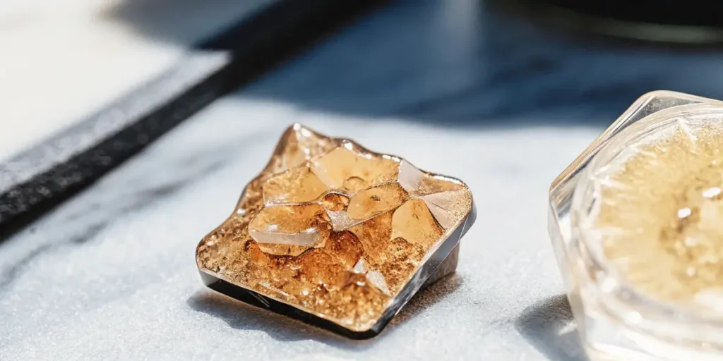 Golden lemon cannabis concentrate diamonds with rich terpene crystals