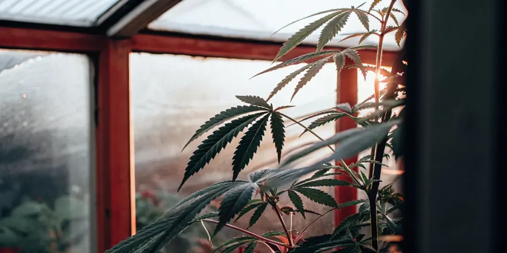 Cannabis plant in a greenhouse with sunlight streaming through the windows