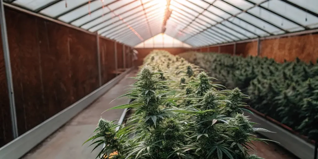 Rows of cannabis plants flowering inside a commercial greenhouse at sunset.