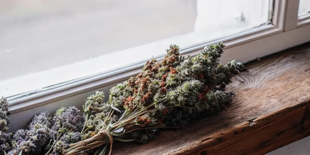 Freshly harvested cannabis buds drying on a rustic windowsill.