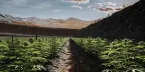 photorealistic cannabis field in a high-altitude valley with snowy mountains