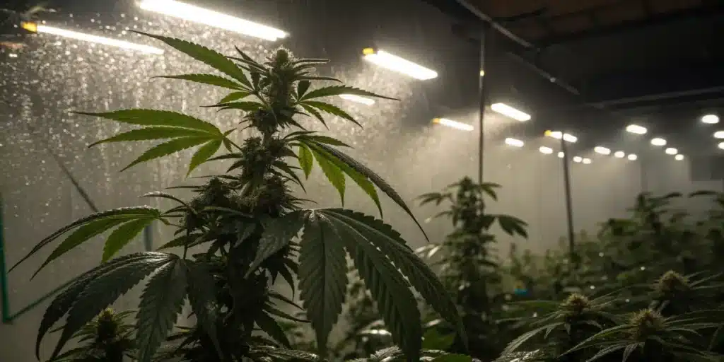 cannabis plants thriving in a high-humidity indoor grow room with mist and LED lights