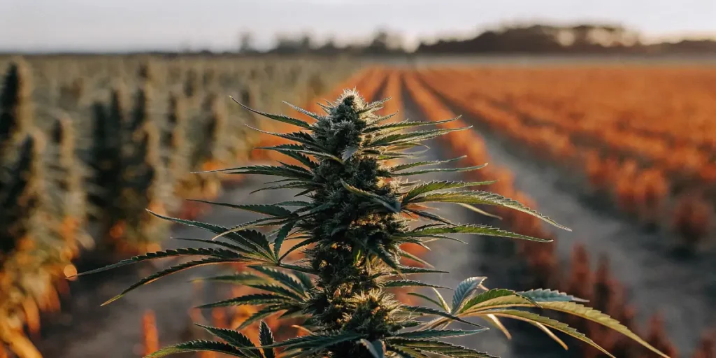 Mature cannabis bud growing indoors under golden LED lighting.