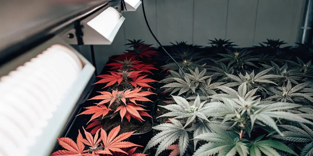 Tall cannabis cola growing under diffused light from a greenhouse roof.