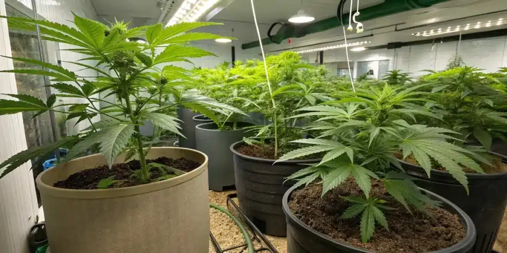 Indoor cannabis cultivation showing healthy marijuana plants growing in large pots under LED lighting.