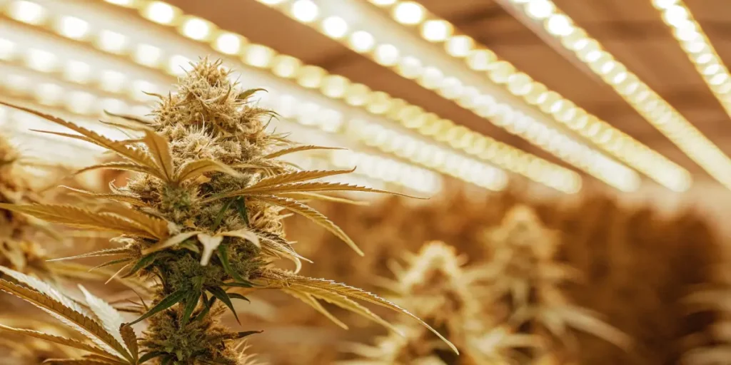 Dense indoor cannabis bud under yellow grow lights.