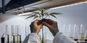 Several cannabis plants growing in fabric containers indoors, illuminated by bright artificial grow lights, showing healthy foliage and flowering buds.