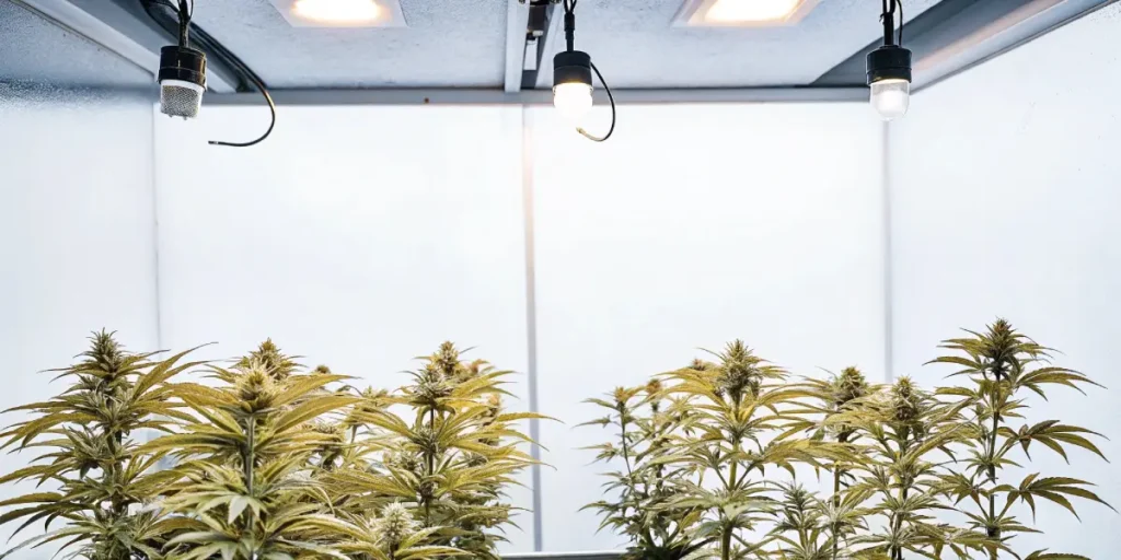 indoor grow tent with flowering cannabis plants under LED lights