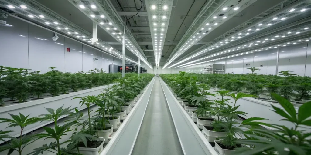 High-tech indoor hydroponic cannabis cultivation room with LED lighting and rows of healthy plants in containers.