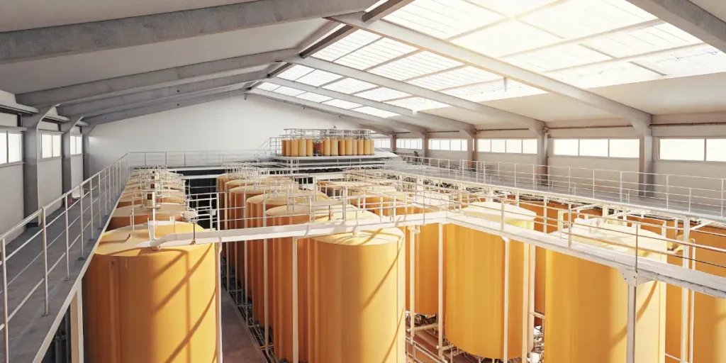 Large yellow industrial tanks inside a facility for cannabis oil processing and storage