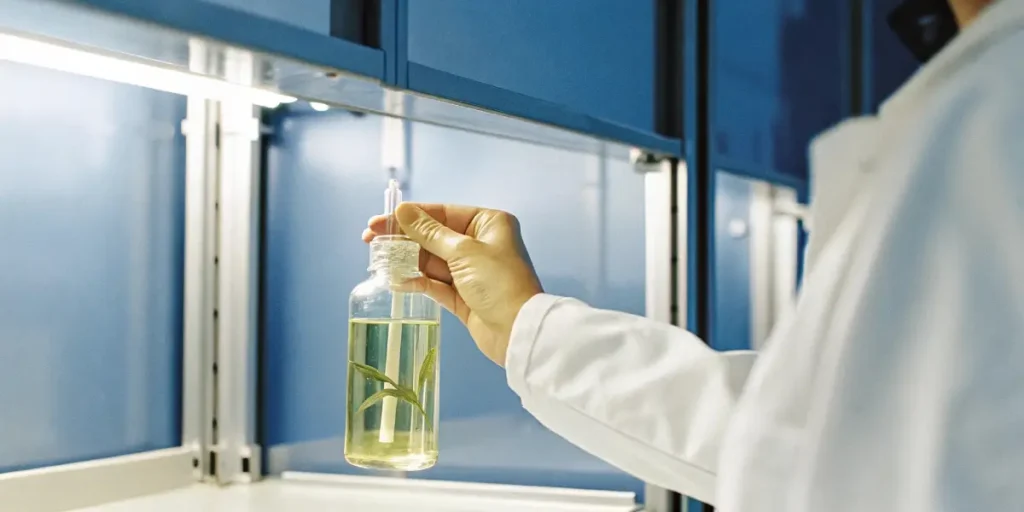 Scientist in white coat examining a cannabis leaf in oil inside a lab bottle