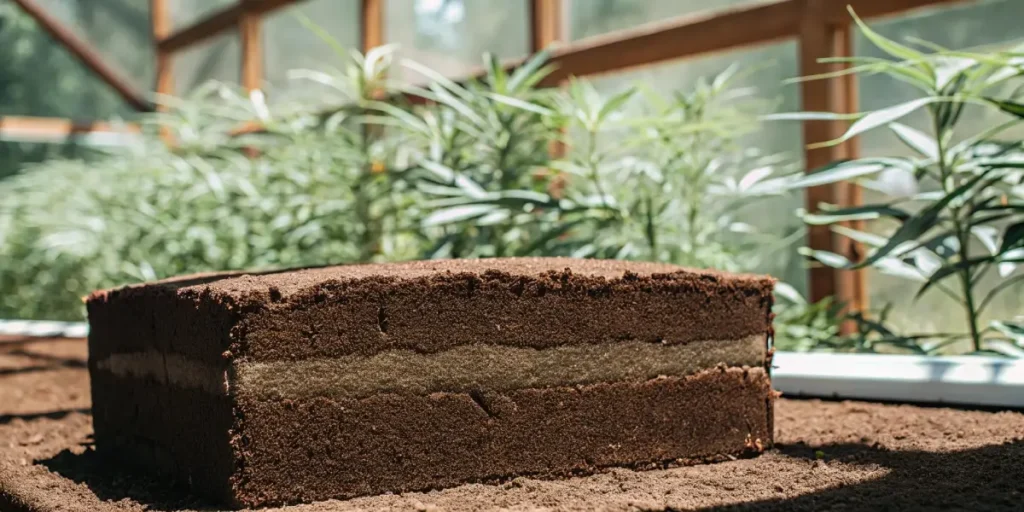 Close-up of a layered cannabis soil block in a greenhouse with young cannabis plants in the background.