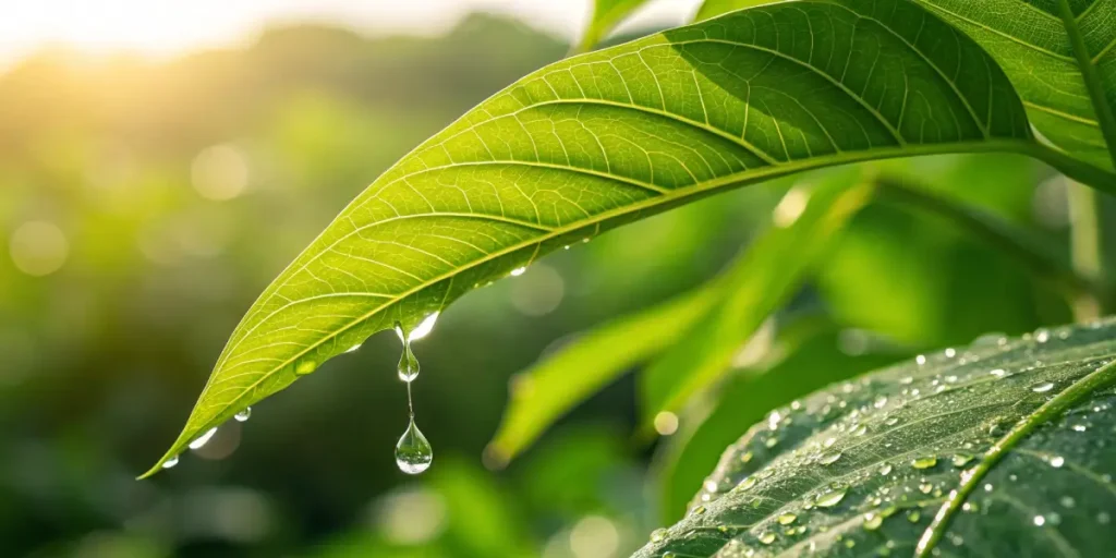 Macro shot of a green leaf with water droplets and morning dew, capturing natural hydration.