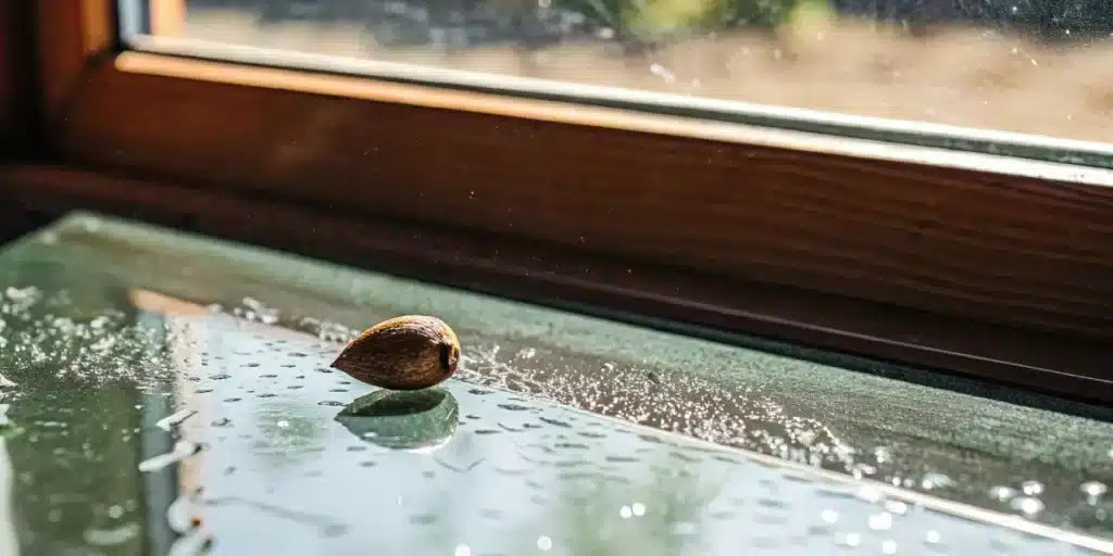 A single cannabis seed resting on a water-speckled glass surface by a wooden-framed window