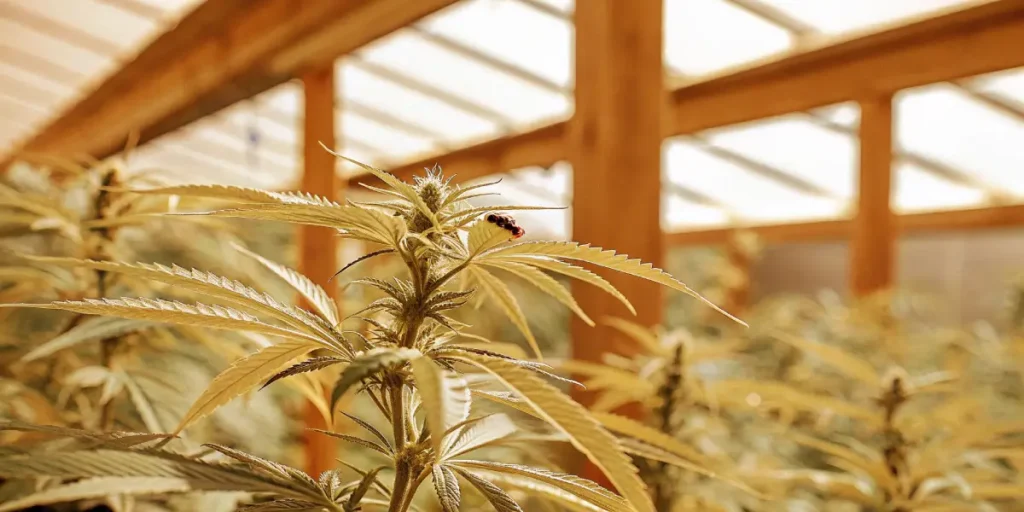 Close-up shot of a lush cannabis plant thriving outdoors in natural sunlight