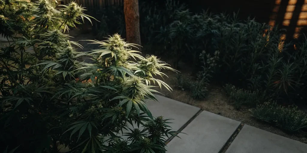High-angle view of a lush indica cannabis plant growing outdoors with dense foliage.