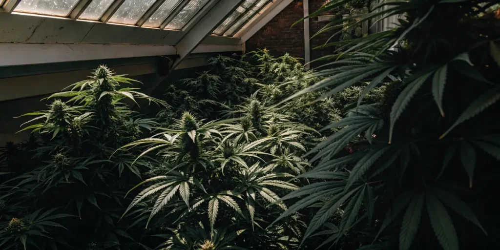 thriving indoor cannabis plants growing under greenhouse roof