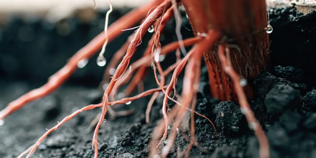 Macro shot of red cannabis roots with fresh water droplets clinging to the fibrous surface.