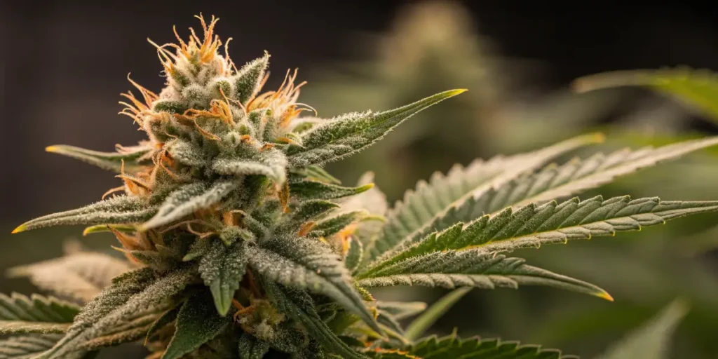 Detailed macro shot of a cannabis bud covered in glistening trichomes.