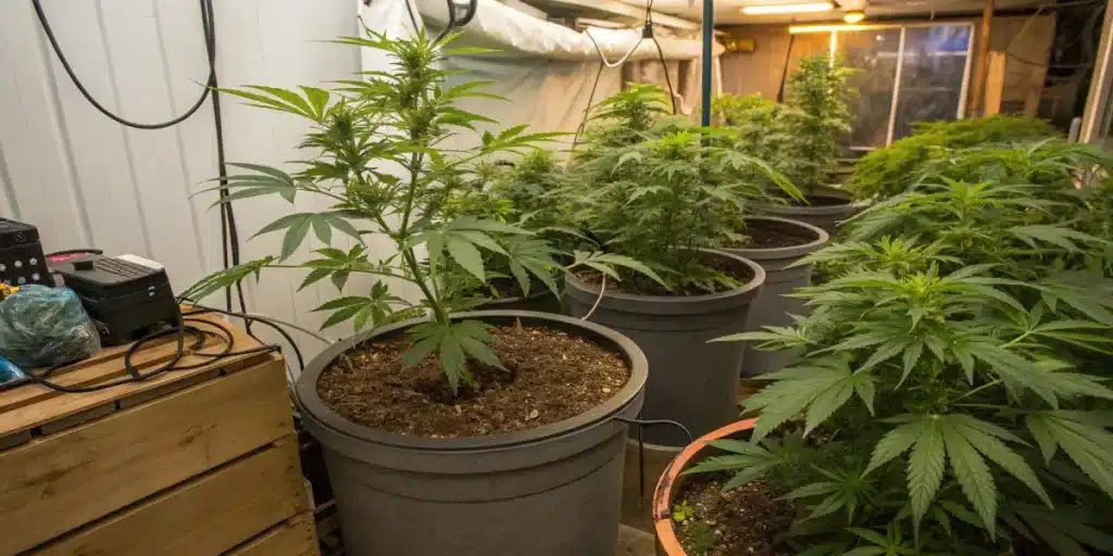 Cannabis plants growing in an indoor grow room with soil-filled pots and artificial lighting.