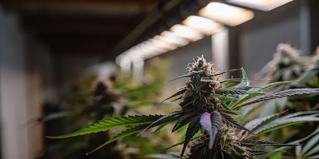 mature cannabis cola with purple leaf high THC