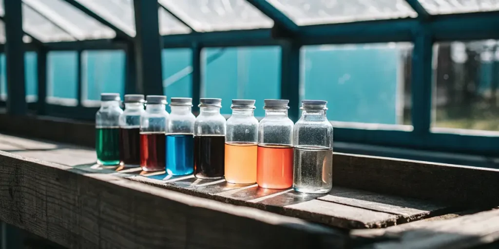 Close-up shot of various microbial inoculants in glass vials for cannabis cultivation