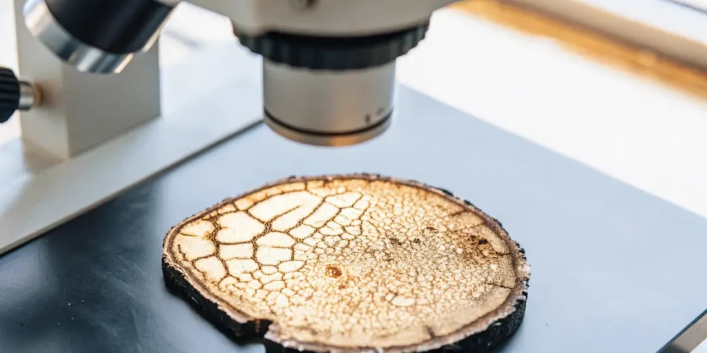 Microscope view of a cross-section of a cannabis stem showing internal vascular structure.