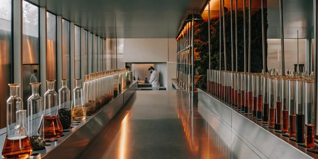 A futuristic lab filled with glass containers of cannabis samples and extracts arranged on sleek counters.