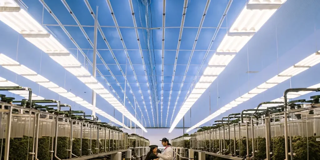 modern cannabis lab with LED lights and scientists analyzing plants
