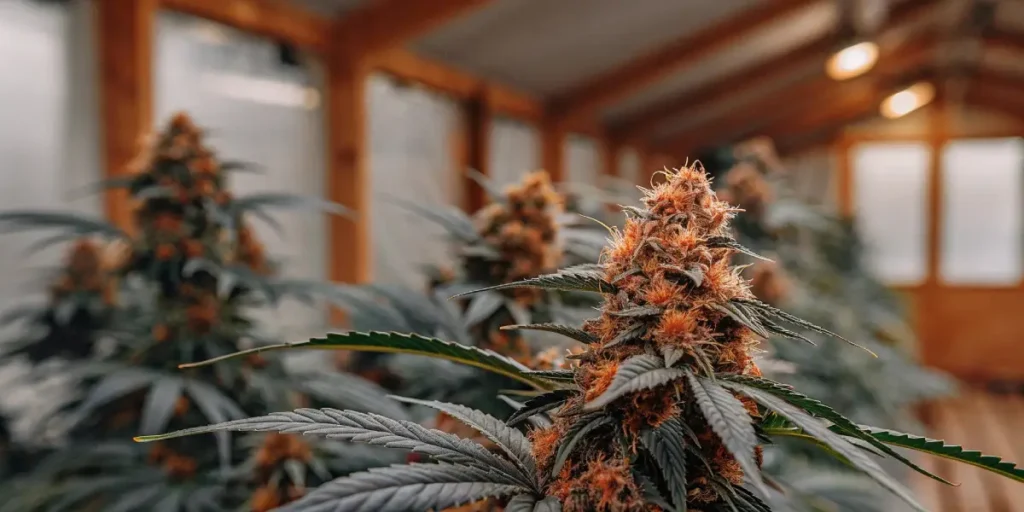 Mature orange cannabis bud with vibrant pistils in indoor flowering stage