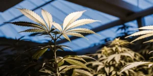 top view of a well-organized indoor cannabis grow room with dense dark-leaved plants