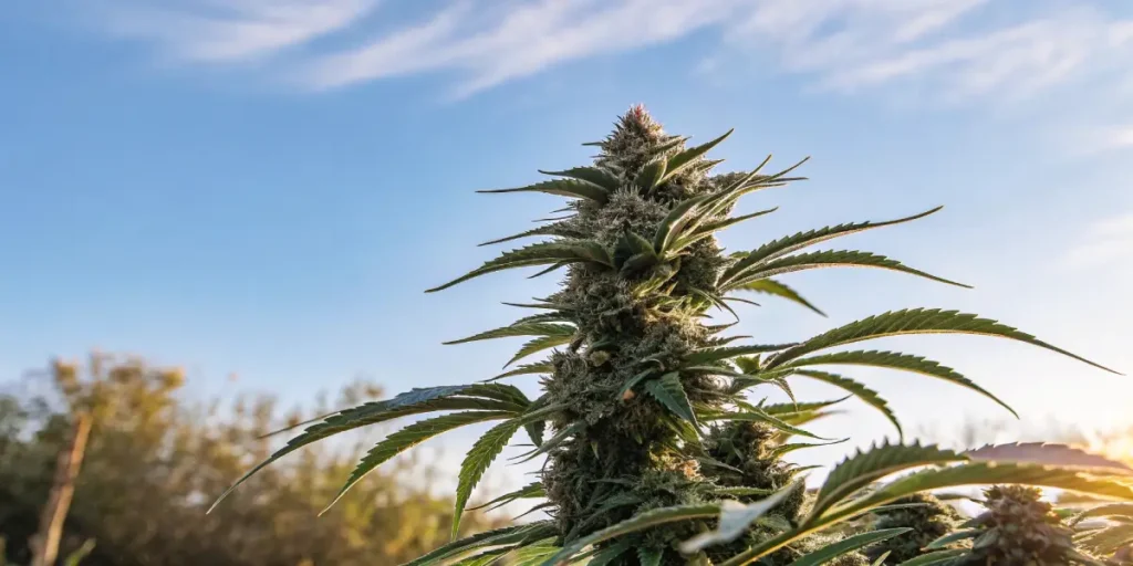 Close-up of a mature outdoor cannabis bud reaching toward a clear blue sky.
