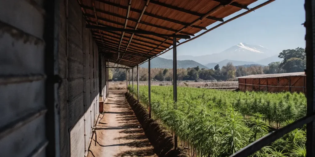 Outdoor cannabis field with mountain backdrop and greenhouse structure