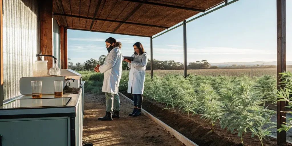 Scientists in lab coats inspecting cannabis plants at an outdoor research station during early morning.