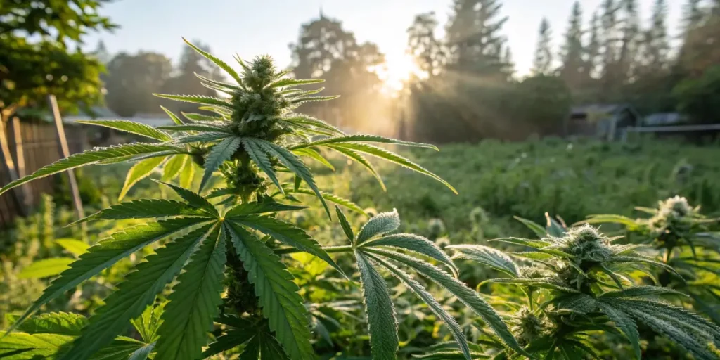 Outdoor cannabis plant glowing in morning sunlight surrounded by lush vegetation.