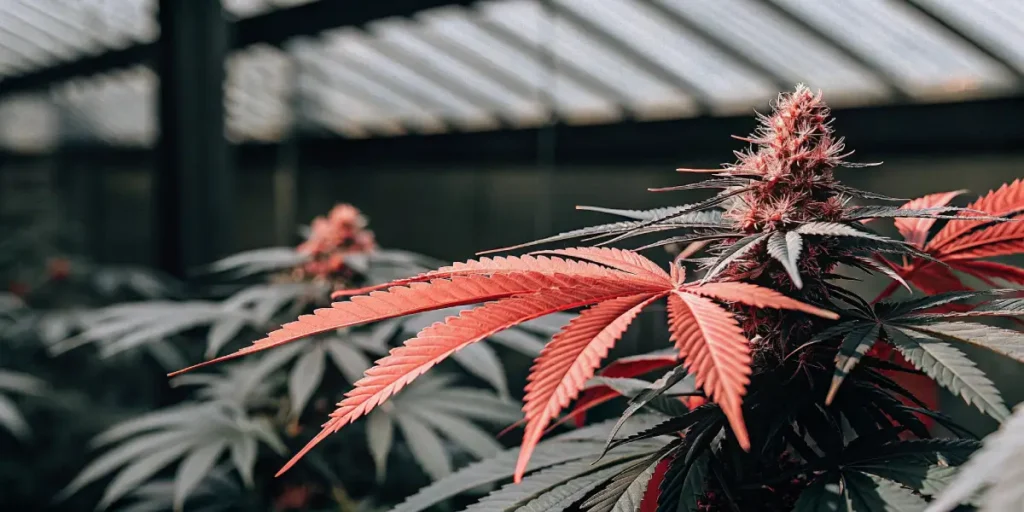 Purple cannabis plant with striking red leaves growing inside a greenhouse environment.