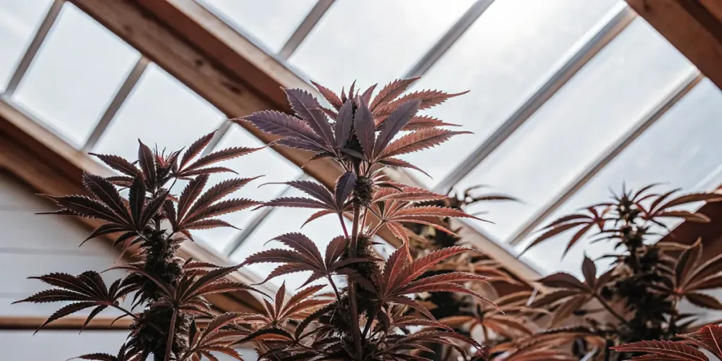 Purple cannabis plants growing vigorously under a glass greenhouse roof with natural sunlight.