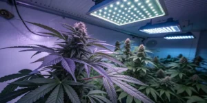 Close-up of a cannabis plant in a greenhouse with sunlight backlighting the leaves.