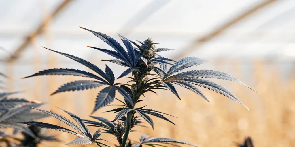 Cannabis plant with deep purple leaves growing indoors in a light-diffused greenhouse.