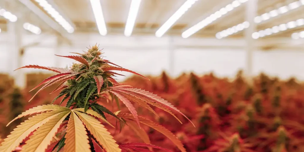 Red cannabis plant with vibrant leaves under bright indoor LED grow lights