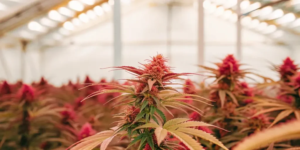 Red cannabis bud in full bloom inside a glasshouse grow room