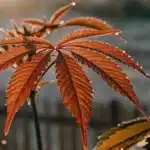 Red cannabis leaf with morning dew at sunrise