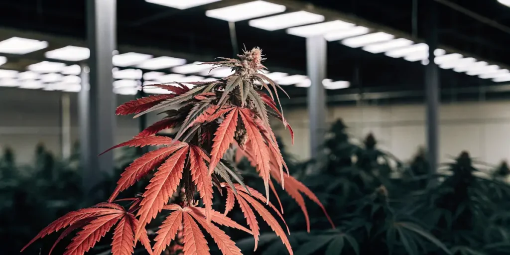 Red and yellow cannabis plant standing out in a well-lit indoor grow room